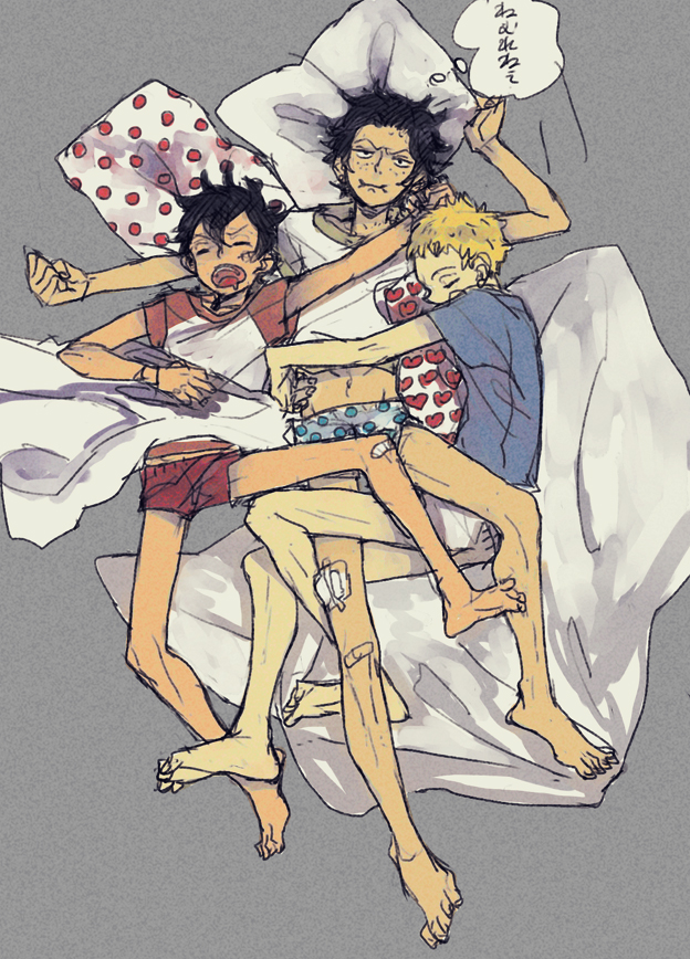 3boys bandage barefoot bed_sheet black_hair blonde_hair boxers brother brothers freckles injury male male_focus monkey_d_luffy multiple_boys one_piece pillow polka_dot portgas_d_ace sabo_(one_piece) sheets shueisha siblings sleeping translation_request underwear young younger