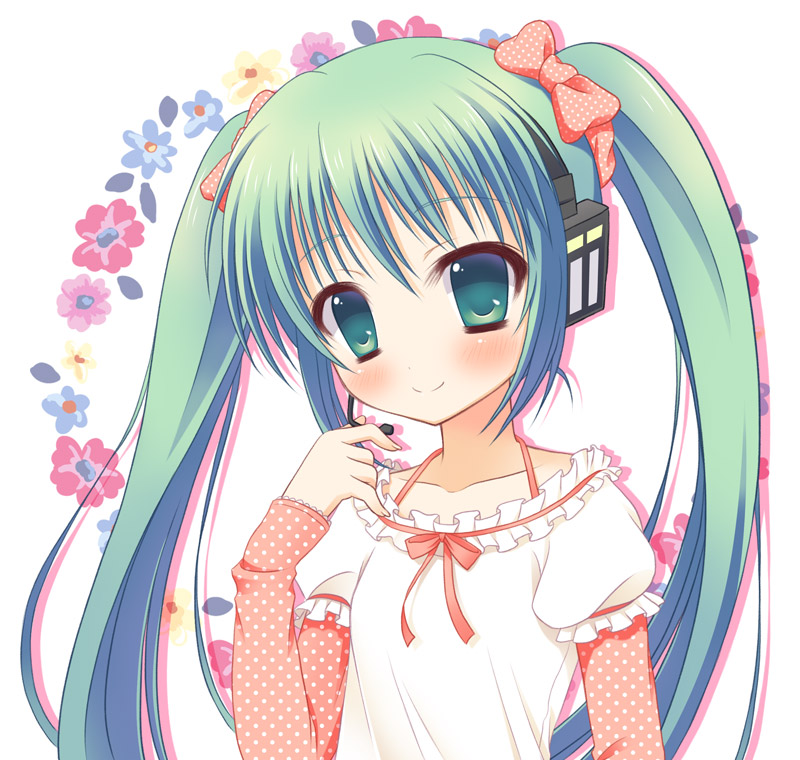 blush green_eyes green_hair hatsune_miku headset kaiware-san long_hair solo twintails vocaloid