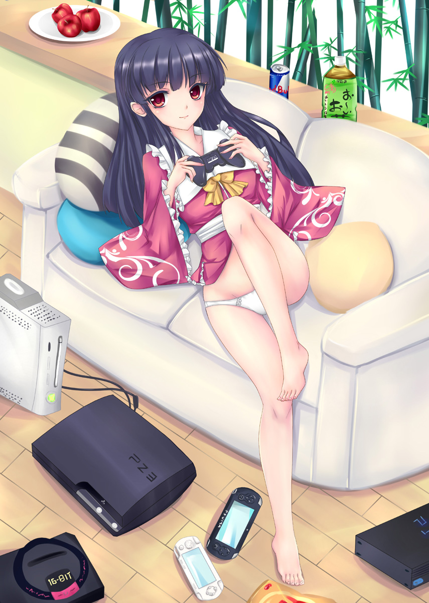 barefoot black_hair blush controller couch fred0092 game_console game_controller gamepad handheld_game_console highres houraisan_kaguya legs long_hair lying no_pants on_back panties playstation_2 playstation_3 playstation_portable playstation_vita red_bull red_eyes sega_mega_drive smile solo touhou underwear very_long_hair white_panties xbox_360