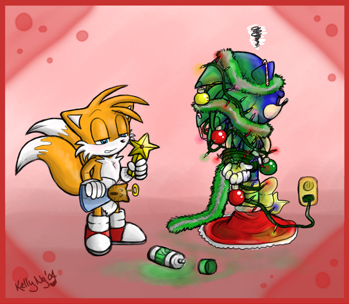 bound canine christmas fox hedgehog holidays kelly_ng_turner male mammal miles_prower multiple_tails ornament sega sonic_(series) sonic_the_hedgehog spray_paint