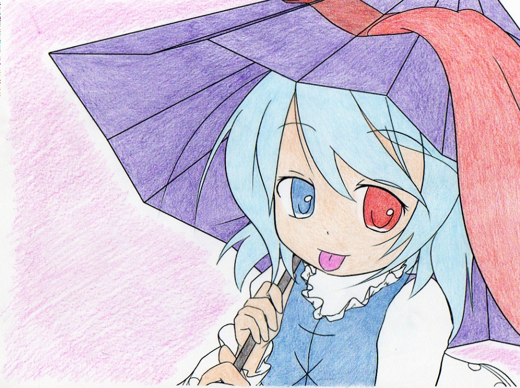 :p blue_eyes blue_hair colored_pencil_(medium) colorized heterochromia karakasa_obake looking_at_viewer oriental_umbrella purple_umbrella red_eyes solo tatara_kogasa tatsun tongue tongue_out touhou traditional_media umbrella yuki_(6468)