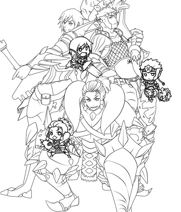 bad_id bad_pixiv_id chibi diablos_(armor) greyscale lineart looking_at_viewer mitsunoha monochrome monster_hunter multiple_boys nargacuga_(armor) rathalos_(armor) short_hair simple_background smile tigrex_(armor) weapon white_background