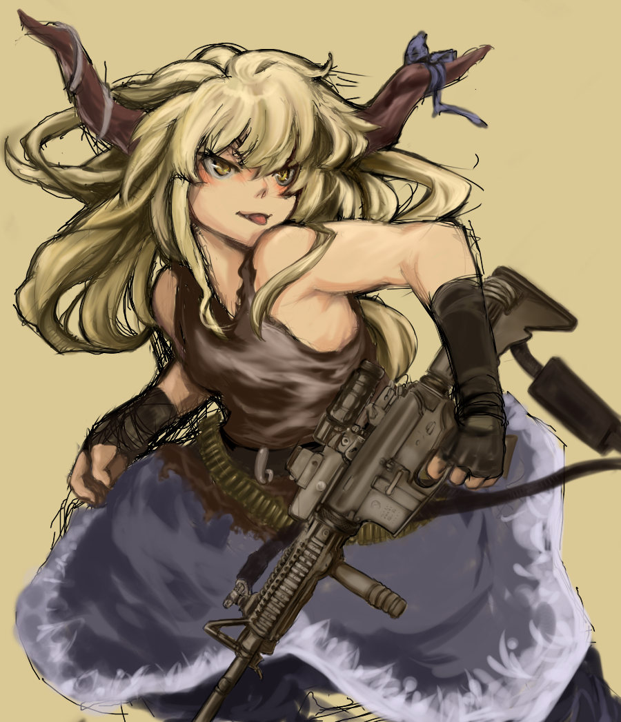 alternate_costume assault_rifle bare_shoulders blonde_hair contemporary fingerless_gloves gloves gun horns ibuki_suika long_hair m4_carbine rifle shiro_(hakukosui) simple_background sketch solo tongue tongue_out touhou weapon yellow_eyes