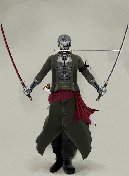 android cyborg dual_wielding full_body haramaki male male_focus mouth_hold one-eyed one_piece pixiv_thumbnail resized robe roronoa_zoro solo standing sword tasuke00 weapon