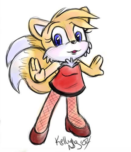 canine crossgender female fox kelly_ng_turner looking_at_viewer mammal miles_prower multiple_tails plain_background sega solo sonic_(series) standing