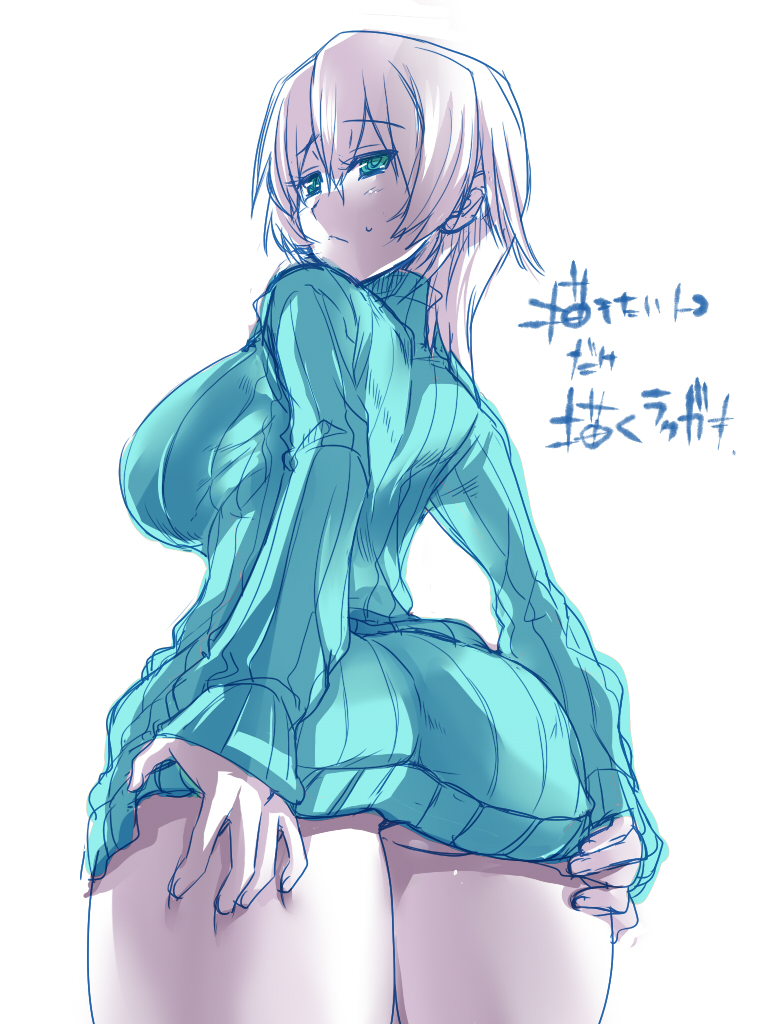 ass breasts green_eyes large_breasts long_hair naked_sweater original ribbed_sweater simple_background solo sweater thighs tokita_monta translation_request white_background white_hair