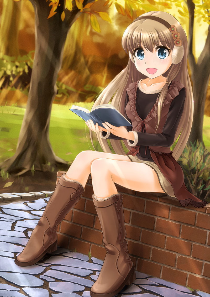 :d autumn blue_eyes book boots brick brown_hair cobblestone collarbone deza earmuffs grass holding holding_book idolmaster knee_boots knees_together_feet_apart lace legs light_rays long_hair long_sleeves looking_at_viewer migiko open_mouth outdoors shirt sitting skirt smile solo sunbeam sunlight tree