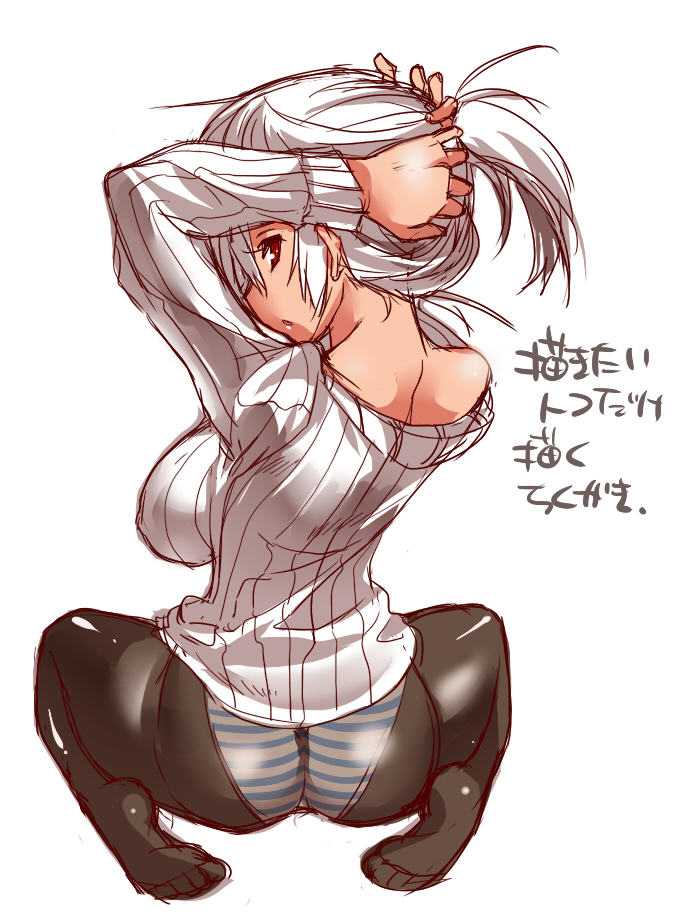adjusting_hair ass bare_shoulders breasts large_breasts looking_back nape off_shoulder original panties panties_under_pantyhose pantyhose red_eyes ribbed_sweater short_hair sitting solo striped striped_panties sweater tokita_monta translation_request underwear wariza white_background white_hair