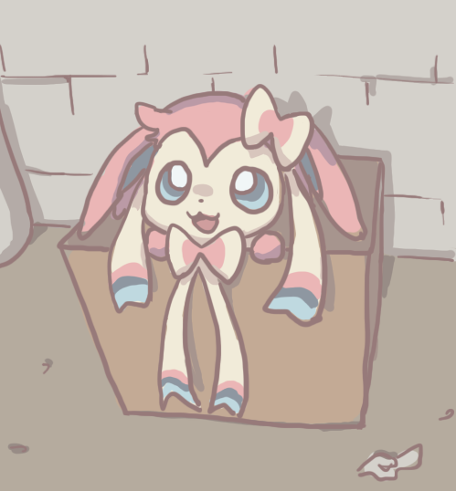 :d alley blue_eyes box brick_wall bright_pupils cardboard_box crumpled_paper ears_down for_adoption gen_6_pokemon hamsue in_box in_container no_humans oekaki open_mouth paper pokemon pokemon_(creature) smile solo sylveon tongue trash