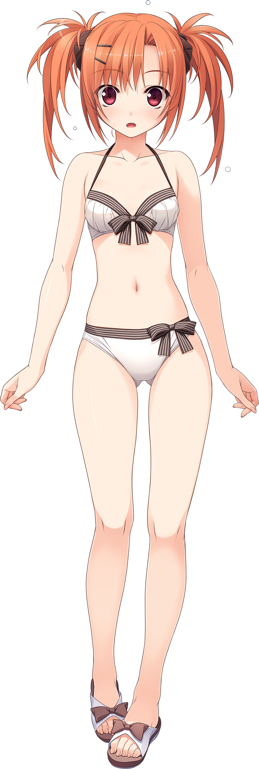 absurdres bikini fang feet front-tie_top full_body hair_ornament hairclip hashimoto_takashi highres imouto_no_katachi legs long_hair navel orange_hair red_eyes ribbon sandals solo standing sumeragi_ayaka swimsuit toes transparent_background twintails