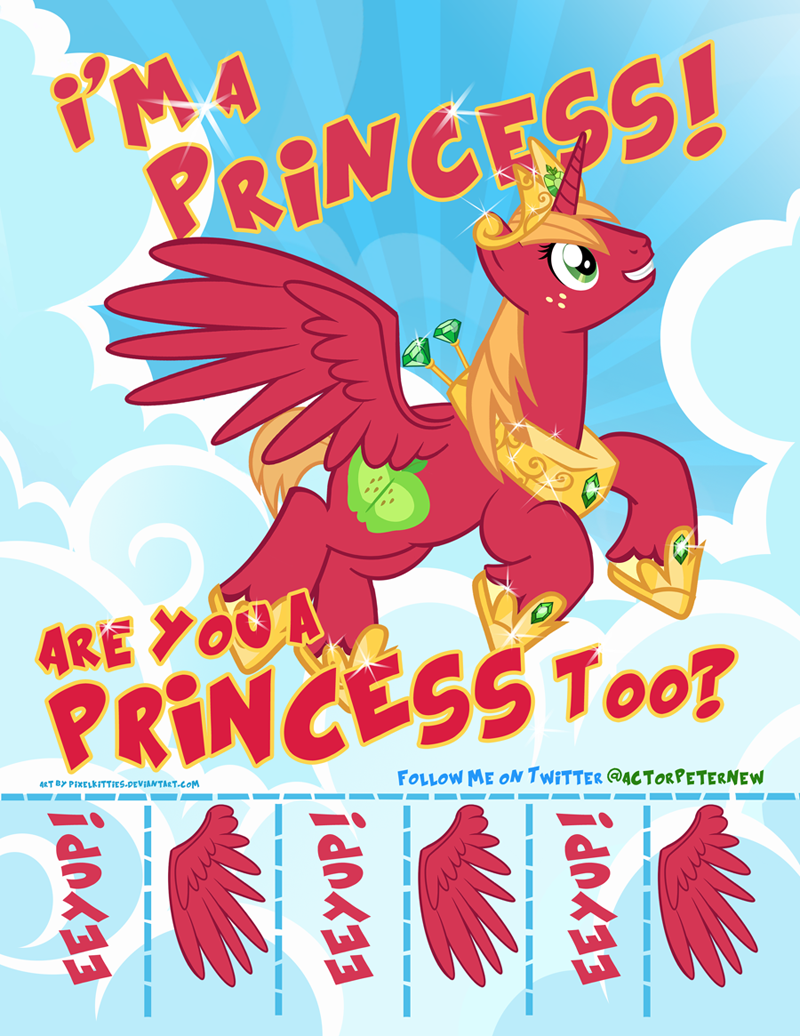 advertisement big_macintosh_(mlp) cloud crown cutie_mark dialog english_text equine feral flying freckles friendship_is_magic gem gold green_eyes horn horse jewelry male mammal my_little_pony necklace open_mouth pixelkitties pony rupee rupees sky teeth text winged_unicorn wings