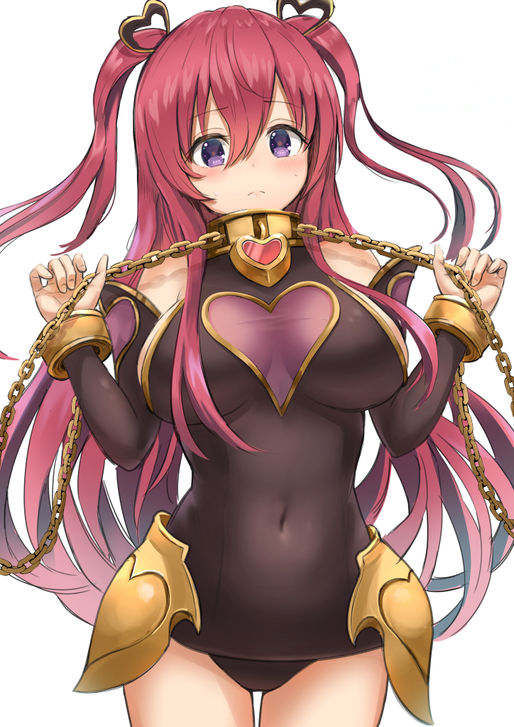 1girl armpit_crease bangs bare_shoulders blush breasts breasts_apart chains closed_mouth collar covered_navel cowboy_shot dargo detached_sleeves eyebrows_visible_through_hair faulds floating_hair frown hair_between_eyes hair_ornament hands_up head_tilt heart heart_hair_ornament holding large_breasts legs_apart long_hair long_sleeves looking_at_viewer princess_connect! princess_connect!_re:dive purple_eyes red_hair simple_background solo standing sweat taut_clothes tomi_kuka two_side_up very_long_hair white_background