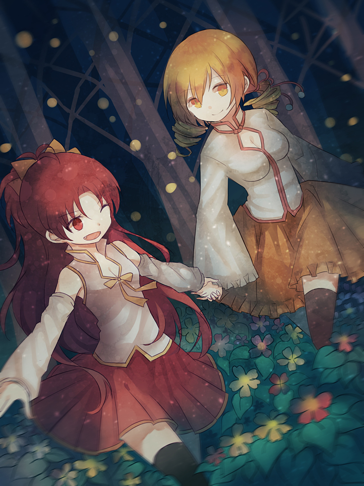 alternate_costume bad_id bad_pixiv_id blonde_hair cuivre drill_hair flower forest holding_hands long_hair mahou_shoujo_madoka_magica multiple_girls nature one_eye_closed ponytail red_eyes red_hair sakura_kyouko skirt thighhighs tomoe_mami twin_drills twintails yellow_eyes