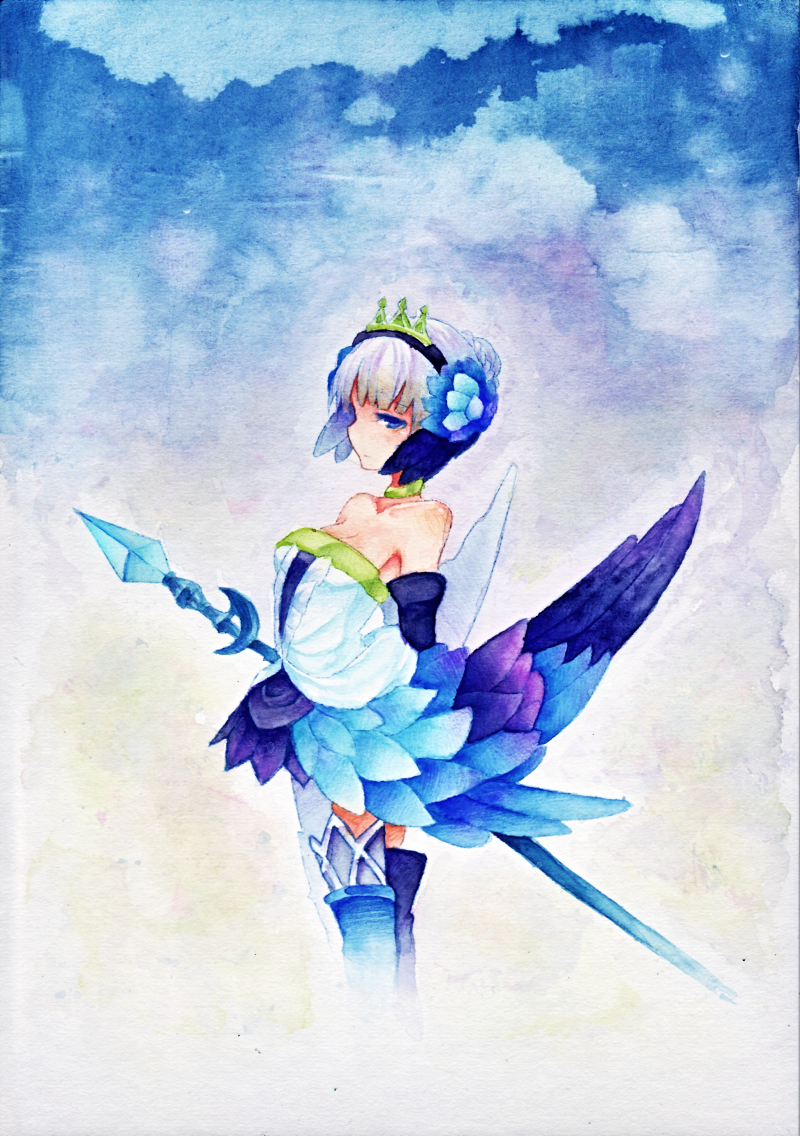 armor armored_dress blue blue_eyes choker dress feathers gwendolyn multicolored multicolored_wings odin_sphere oshiruko_(tsume) polearm strapless strapless_dress tiara traditional_media valkyrie watercolor_(medium) weapon wings