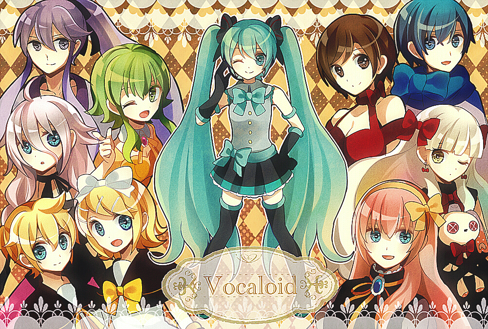 6+girls argyle argyle_background bad_id bad_pixiv_id blonde_hair blue_eyes blue_hair blue_scarf bow brother_and_sister brown_eyes brown_hair earrings elbow_gloves gloves green_eyes green_hair gumi hair_ornament hair_ribbon hairclip hand_on_hip hatsune_miku ia_(vocaloid) jewelry kagamine_len kagamine_rin kaito kamui_gakupo long_hair mayu_(vocaloid) megurine_luka meiko multiple_boys multiple_girls one_eye_closed open_mouth purple_eyes purple_hair red_hair ribbon sawou_ginga scarf scarf_bow short_hair siblings skirt smile stuffed_animal stuffed_bunny stuffed_toy thighhighs twintails usano_mimi very_long_hair vocaloid white_hair yellow_eyes