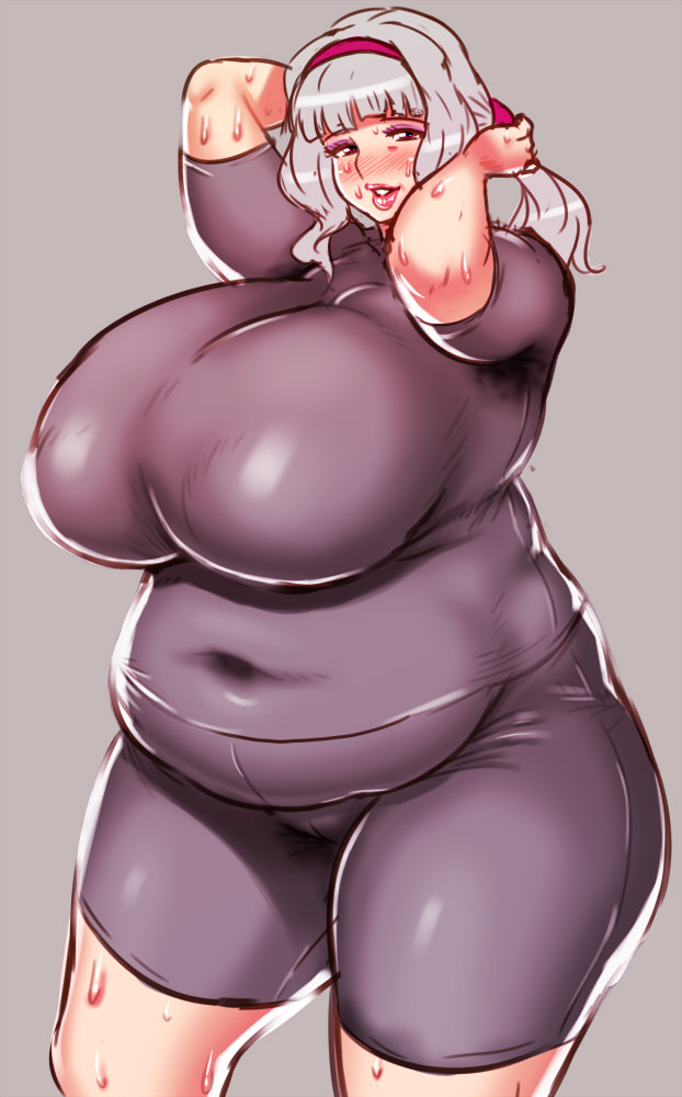 1girl armpit_stains arms_up belly blush bodysuit breasts cameltoe eyeshadow fat hairband hips huge_breasts lipstick long_hair makeup milf navel obese ponytail silver_hair skin_tight solo stain standing sweat sweatsuit thick_thighs thighs tight tight_clothes wide_hips yokkora