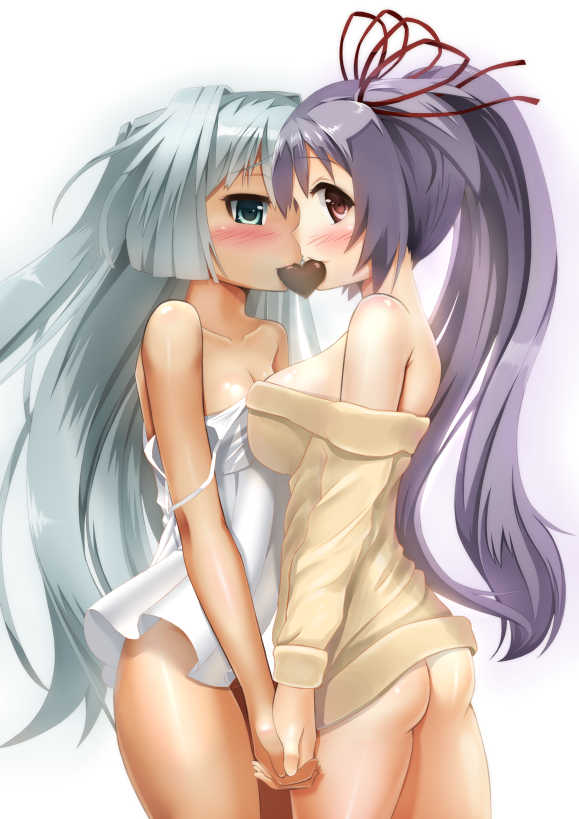 ass asymmetrical_docking back blue_eyes blush breast_press breasts chocolate chocolate_heart dress heart holding_hands interlocked_fingers long_hair medium_breasts mouth_hold multiple_girls naked_sweater original ponytail purple_hair red_eyes sideboob silver_hair small_breasts sweater totto white_dress yuri