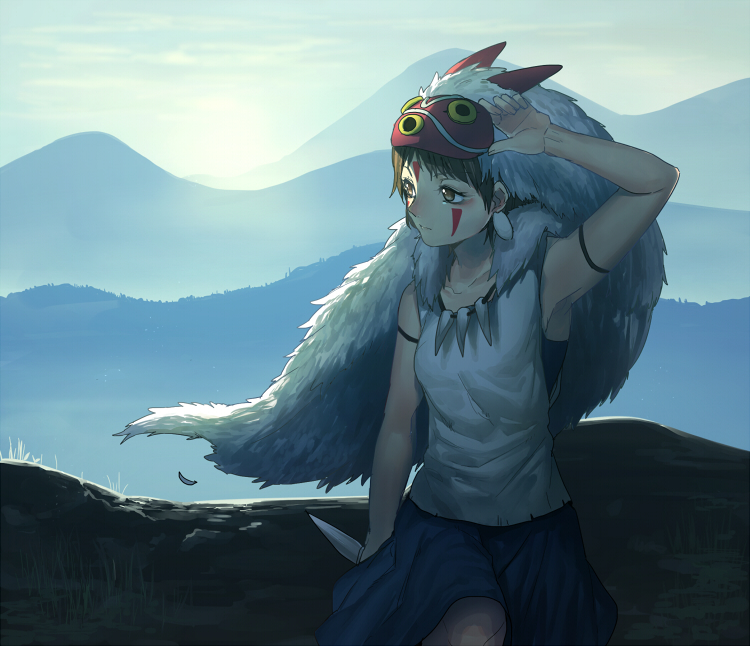 bare_arms brown_eyes brown_hair dagger earrings erubo facepaint facial_mark fur jewelry landscape mask mask_removed mononoke_hime mountain necklace san serious short_hair sitting skirt sky sleeveless solo sunrise valley weapon