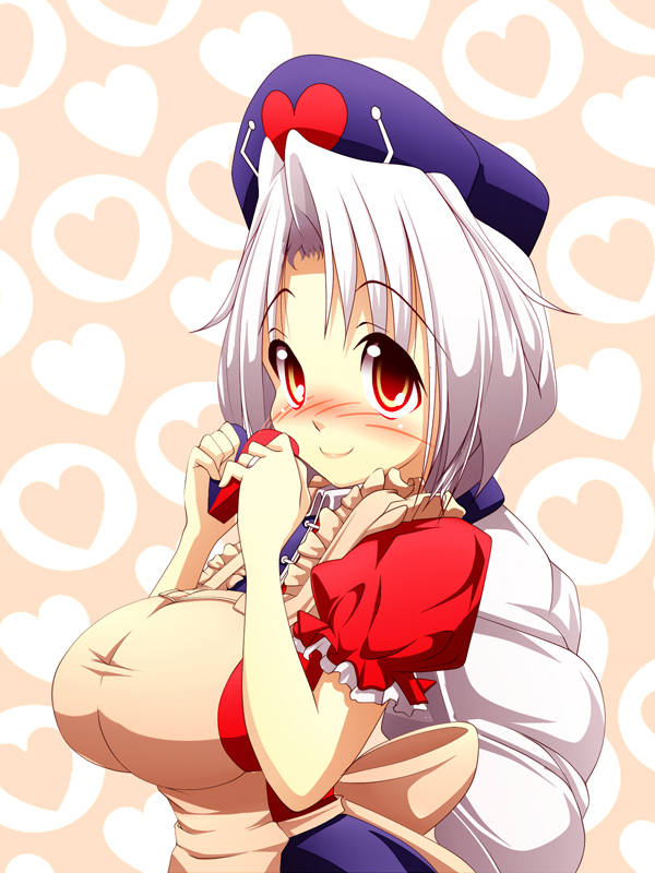 apron braid breasts chocolate chocolate_heart dress hat heart huge_breasts impossible_clothes long_hair nurse_cap red_eyes shirt silver_hair smile solo taut_clothes taut_shirt touhou valentine very_long_hair yagokoro_eirin yanmarson