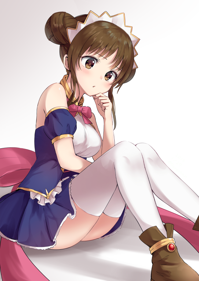 1girl amano_suzume artist_request ass bangs bare_shoulders blue_shirt blue_skirt blush boots bow bowtie breasts brown_footwear brown_hair dargo detached_sleeves double_bun frilled_shirt frills hand_up head_tilt headdress knees_up long_hair looking_at_viewer medium_breasts miniskirt parted_lips pink_neckwear pink_ribbon princess_connect! princess_connect!_re:dive puffy_short_sleeves puffy_sleeves ribbon shadow shirt short_sleeves sidelocks simple_background single_detached_sleeve sitting skirt solo thighhighs tied_hair white_background white_legwear