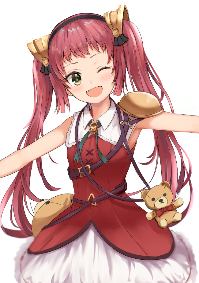 1girl ;d armpits bangs bare_arms bare_shoulders belt black_hairband blurry blush collared_dress cowboy_shot dargo dress fang green_eyes hair_ornament hairband head_tilt hojo_ayane long_hair looking_at_viewer one_eye_closed open_mouth outstretched_arms princess_connect! princess_connect!_re:dive red_dress red_hair shoulder_armor sidelocks simple_background sleeveless sleeveless_dress smile solo standing stuffed_animal stuffed_toy teddy_bear twintails very_long_hair white_background