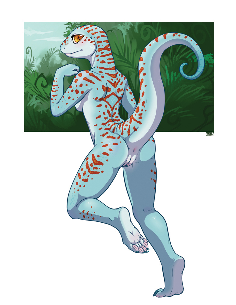 anthro female gecko iggi jungle lizard looking_at_viewer nude plain_background presenting pussy raised_tail scalie solo tokay_gecko white_background
