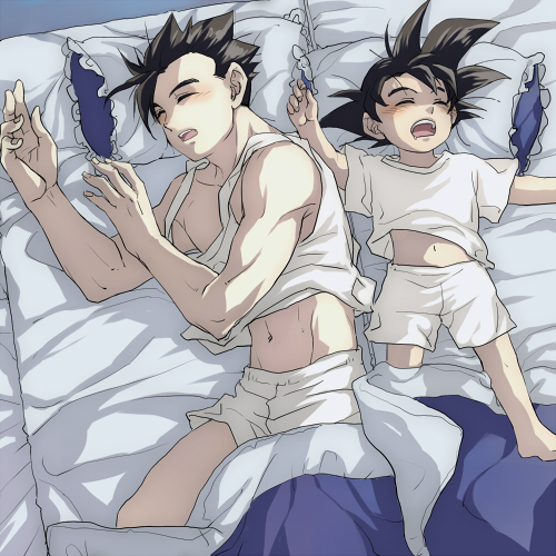 bed black_hair blanket blush brothers closed_eyes dragon_ball dragon_ball_z drooling fingernails from_above full_body indoors lowres lying male_focus multiple_boys navel open_mouth outstretched_arms pillow pinki_(shounenkakuseiya) saliva saliva_trail shaded_face shirt short_hair shorts siblings sleeping sleeveless son_gohan son_goten spiked_hair stomach tank_top white_shirt