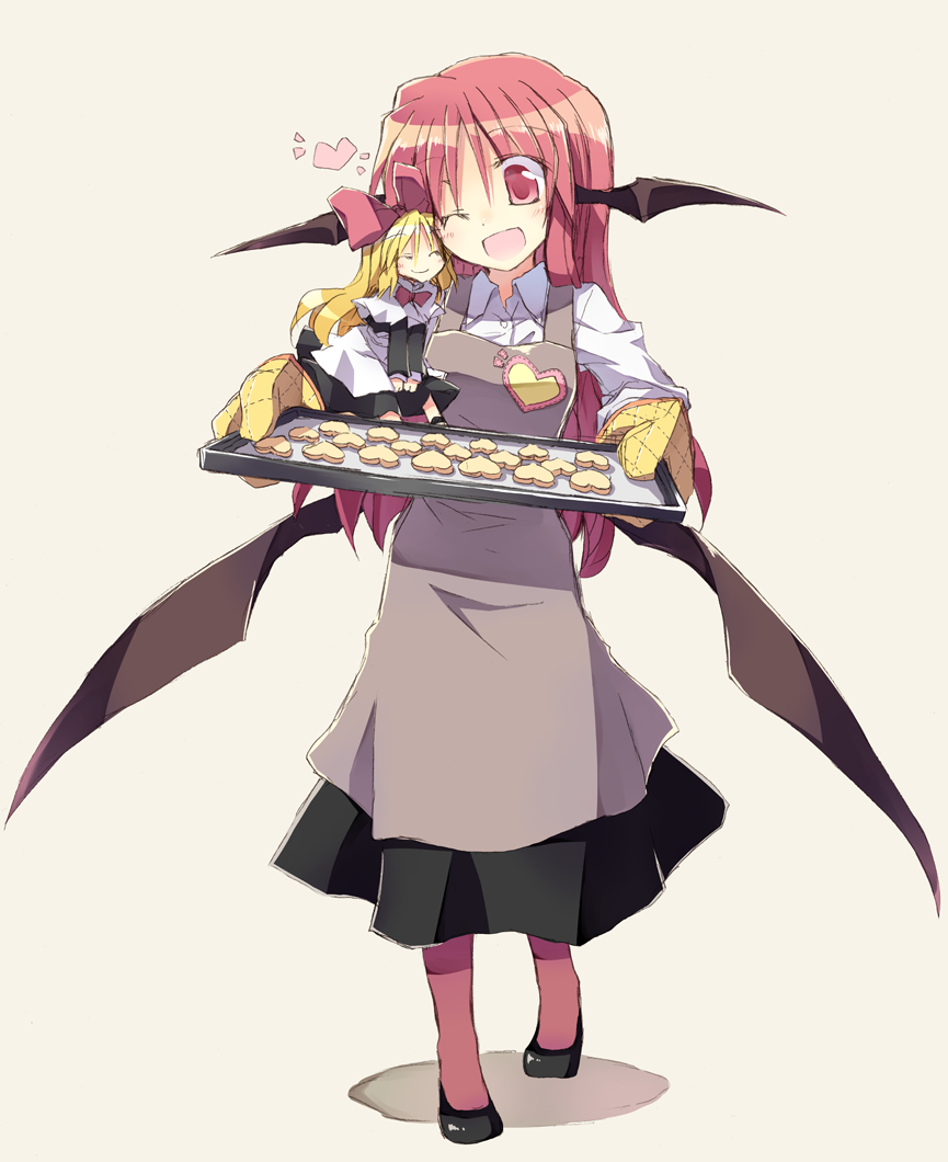 ;d ^_^ apron bat_wings blonde_hair bow cheek-to-cheek closed_eyes commentary_request cookie food hair_bow happy head_wings heart koakuma long_hair low_wings mittens one_eye_closed open_mouth oven_mitts pantyhose red_eyes red_hair satou_kibi shanghai_doll smile touhou tray wings