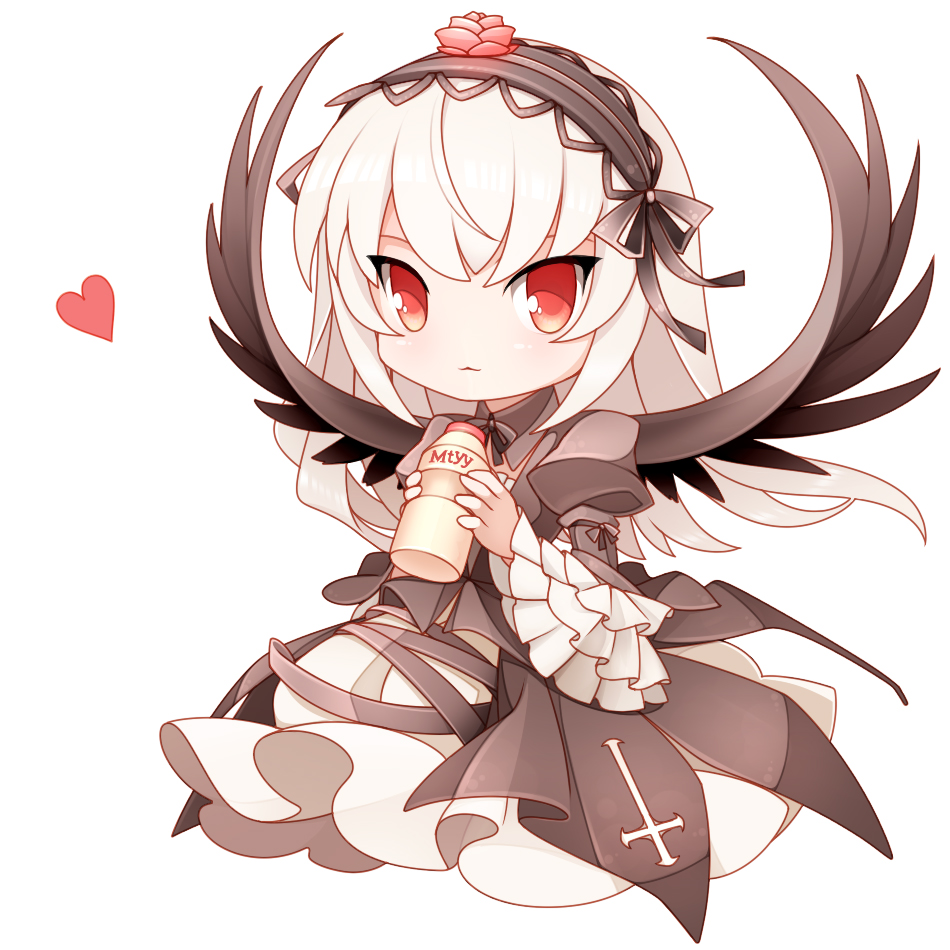 bottle dress flower frills gothic_lolita hairband heart lolita_fashion long_hair looking_at_viewer mtyy red_eyes rose rozen_maiden shiny shiny_skin silver_hair solo suigintou wings yakult
