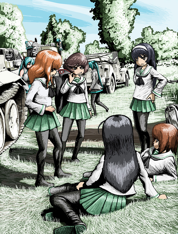 akiyama_yukari aqua_hair bangs black_footwear black_hair black_pants blouse boots brown_eyes brown_hair car caterpillar_tracks girls_und_panzer green_skirt ground_vehicle hairband hatsune_miku isuzu_hana jeep long_hair long_sleeves military military_vehicle miniskirt motor_vehicle multiple_girls neckerchief nishizumi_miho ooarai_school_uniform orange_hair pants pants_under_skirt pleated_skirt reizei_mako rxjx school_uniform serafuku short_hair skirt takebe_saori tank vocaloid white_blouse world_war_ii