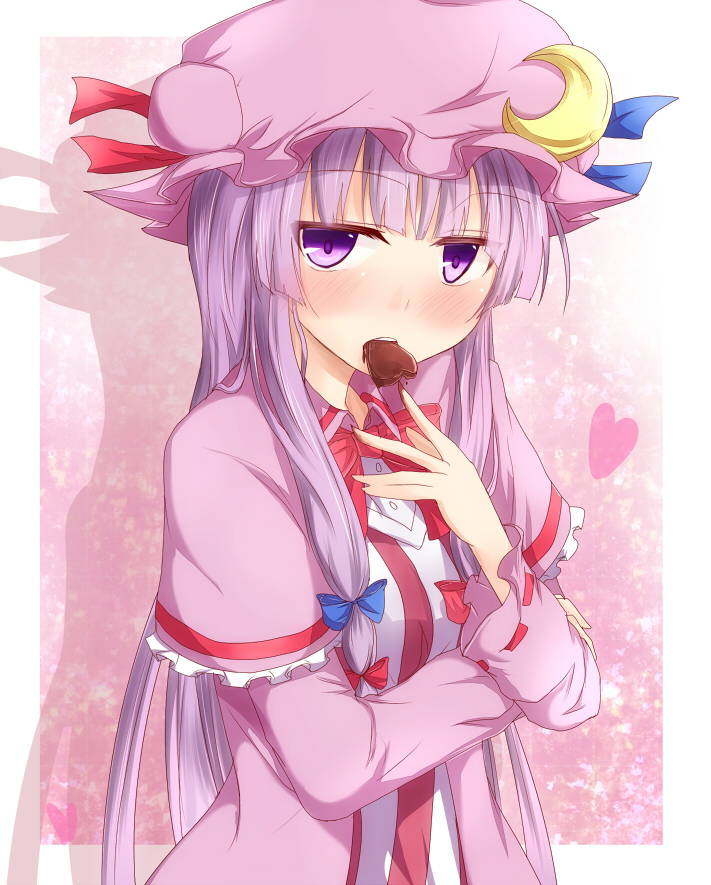 chocolate crescent crossed_arms dress eating hair_ribbon hat heart patchouli_knowledge purple_eyes purple_hair ram_hachimin ribbon shadow solo touhou