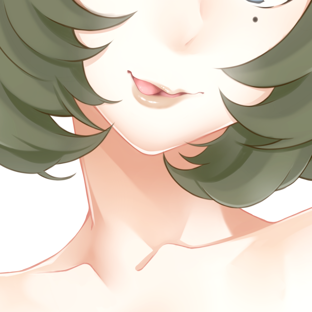 bare_shoulders brown_hair close-up collarbone head_out_of_frame idolmaster idolmaster_cinderella_girls licking_lips mole mole_under_eye open_mouth short_hair smile solo takagaki_kaede tongue tongue_out touryou