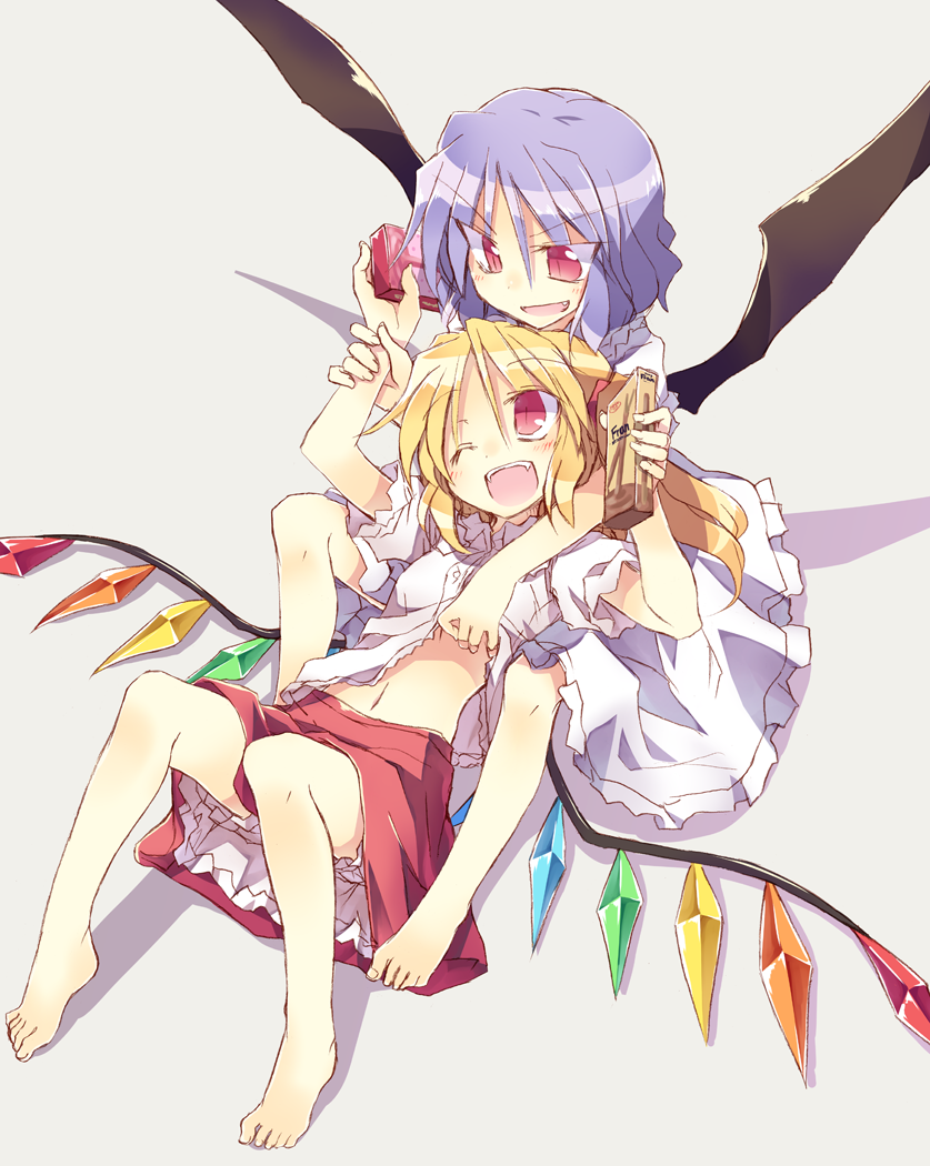 :d ;d barefoot bat_wings blonde_hair commentary_request fang fangs feet flandre_scarlet food long_hair multiple_girls navel no_hat no_headwear one_eye_closed open_mouth pocky purple_hair remilia_scarlet satou_kibi shirt_lift short_hair siblings side_ponytail sisters skirt smile tickling touhou v-shaped_eyebrows wings