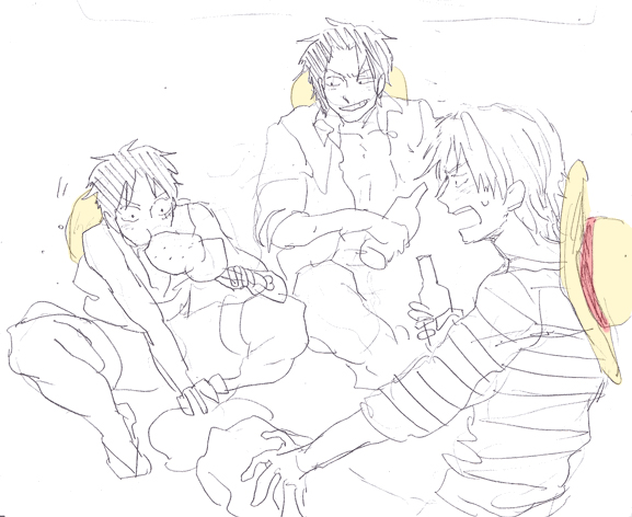 3boys bottle drinking eating food gol_d_roger hat hat_removed headwear_removed male male_focus meat monkey_d_luffy mono_(caoton) multiple_boys one_piece outline samui_(artist) scar shanks shirt sitting sketch spot_color stampede_string straw_hat striped striped_shirt time_paradox young younger