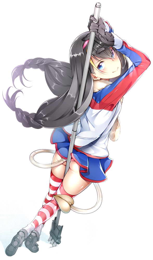 :&gt; ass black_gloves black_hair blue_eyes blush braid demon_tail from_behind gloves hairband lessar long_hair looking_back nanao_(mahaya) open_mouth pink_hairband pole shoes solo striped striped_legwear tail thighhighs to_aru_majutsu_no_index twin_braids