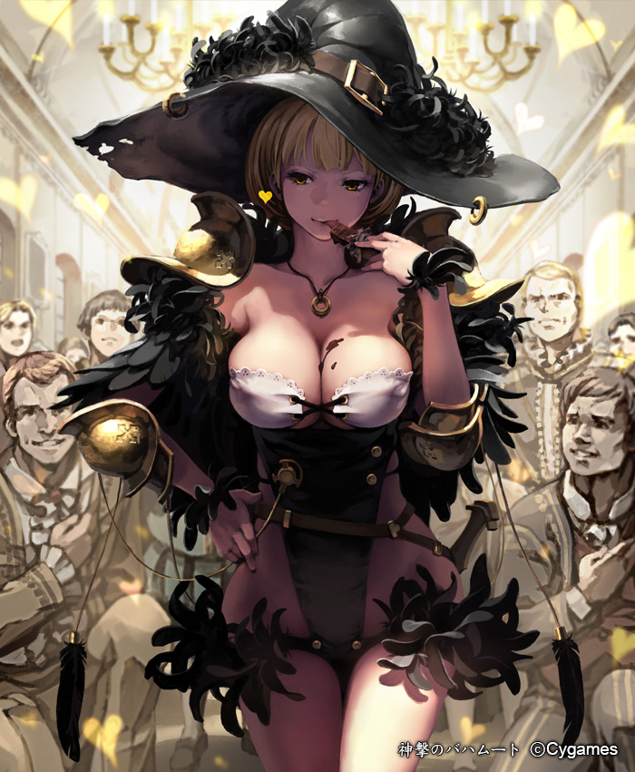 6+boys :p armor bad_id bad_pixiv_id belt blonde_hair breasts chocolate cleavage collarbone feathers hand_on_hip hat heart large_breasts lena_(zoal) licking messy multiple_boys shingeki_no_bahamut short_hair smile tongue tongue_out witch_hat yellow_eyes