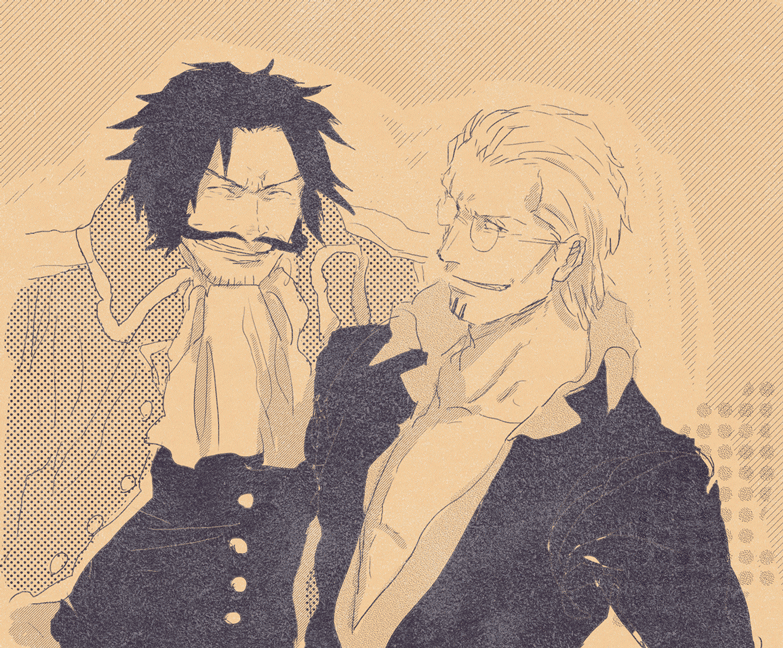 2boys cravat duo epaulettes facial_hair glasses goatee gol_d_roger jacket male male_focus mono_(caoton) monochrome multiple_boys mustache one_piece pirate silvers_rayleigh smile young younger