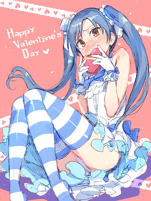 alternate_hairstyle bare_shoulders blue_hair blush box brown_eyes covering_mouth dress english frills gift gift_box gloves happy_valentine heart heart-shaped_box idolmaster idolmaster_(classic) kisaragi_chihaya long_hair looking_at_viewer panties redrop ribbon solo striped striped_legwear thighhighs twintails underwear valentine