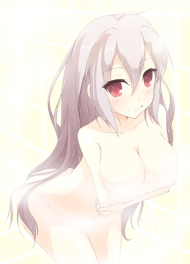 albino blush breast_hold breasts censored convenient_censoring grey_hair kuro_(be_ok) large_breasts leaning_forward long_hair looking_at_viewer no_nipples nude original red_eyes smile solo steam steam_censor very_long_hair