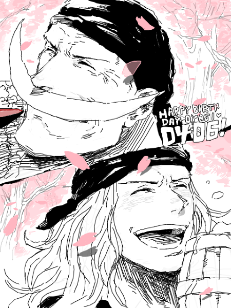 1boy bandanna birthday cherry_blossom cherry_blossoms drinking dual_persona edward_newgate facial_hair long_hair male male_focus mono_(caoton) monochrome mustache one_piece petals pink pixiv_thumbnail resized samui_(artist) smile solo spot_color young younger