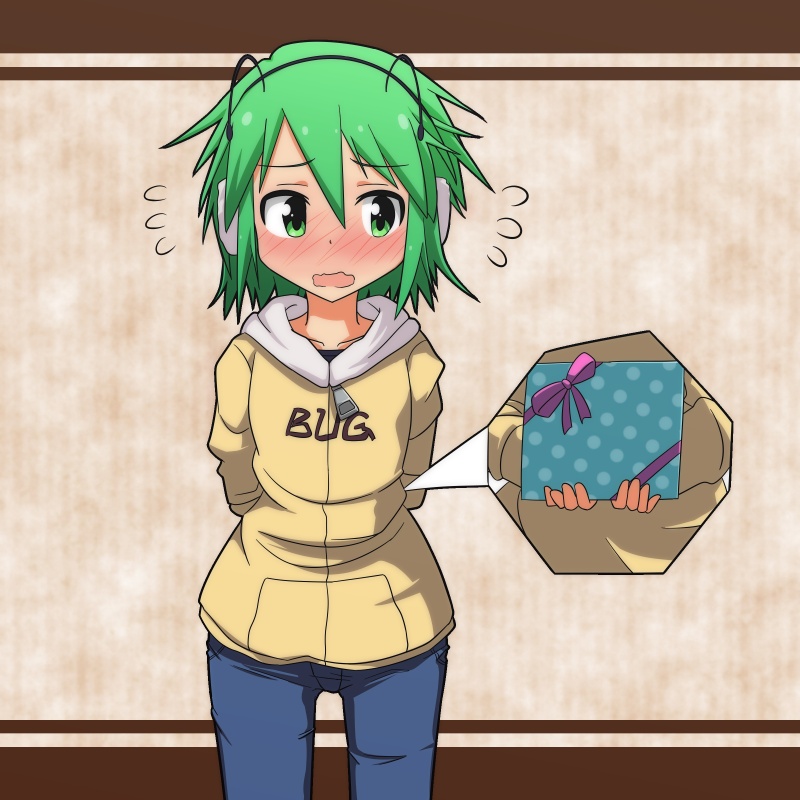 alternate_costume antennae arms_behind_back blush box cato_(monocatienus) clothes_writing contemporary denim earmuffs embarrassed flying_sweatdrops full-face_blush gift gift_box green_eyes green_hair hood hooded_jacket jacket jeans pants ribbon solo touhou valentine wavy_mouth wriggle_nightbug
