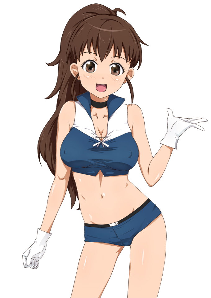 :d breasts brown_eyes brown_hair choker covered_nipples gloves ichihisa long_hair medium_breasts midriff navel open_mouth ponytail shorts smile solo taneshima_popura working!!
