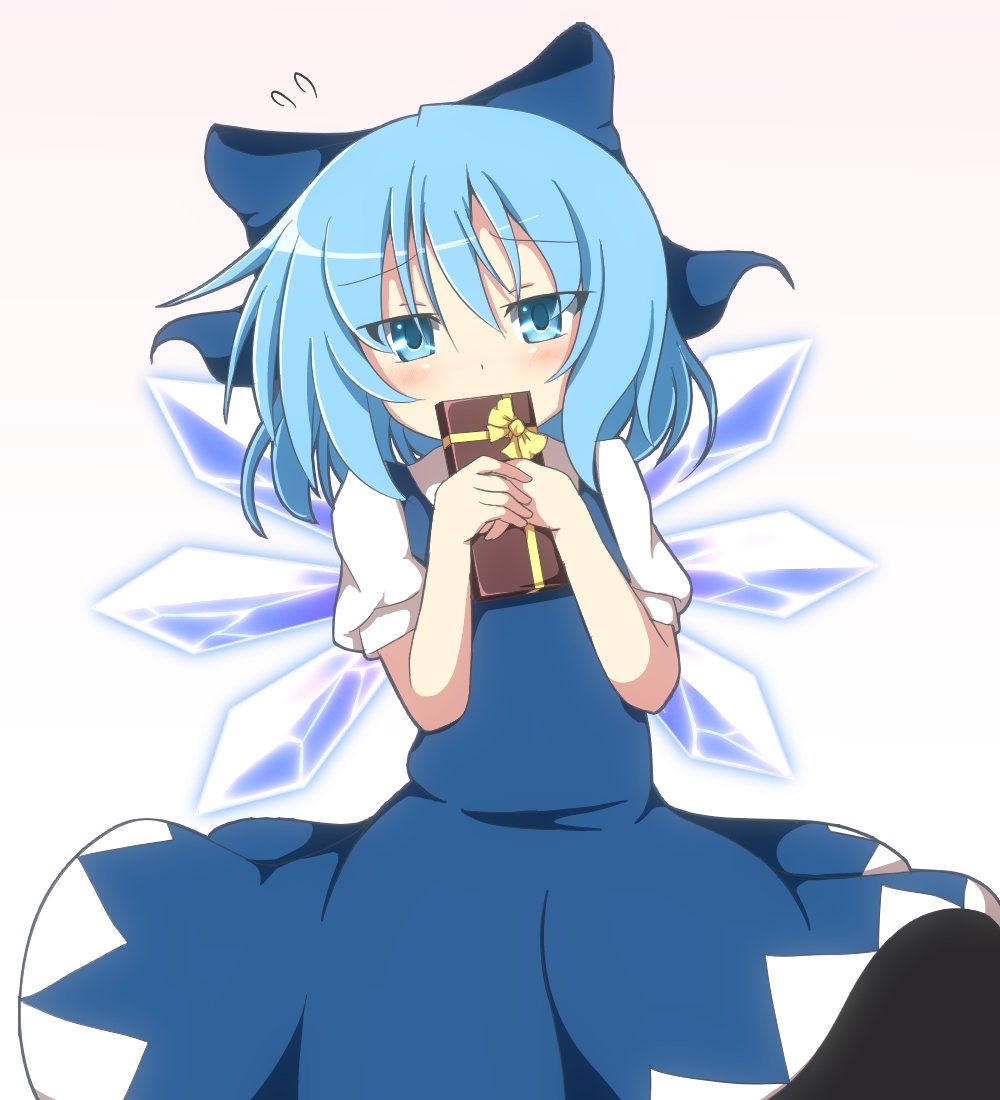 blue_dress blue_eyes blue_hair blush bow box cirno covering_mouth do_(4-rt) dress gift gift_box gradient gradient_background hair_bow ice ice_wings looking_at_viewer puffy_sleeves shirt short_sleeves solo touhou valentine wings