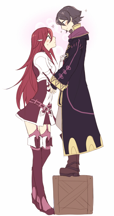 1girl armor bad_id bad_pixiv_id blush boots box fire_emblem fire_emblem:_kakusei garter_straps gauntlets height_difference hijiri_(resetter) long_hair male_my_unit_(fire_emblem:_kakusei) my_unit_(fire_emblem:_kakusei) on_box red_hair robe skirt smile standing_on_object thigh_boots thighhighs tiamo