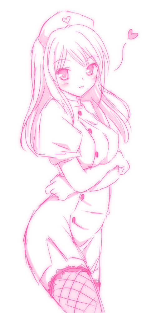 blush copyright_request heart long_hair monochrome nurse simple_background smile solo thighhighs white_background yuyi