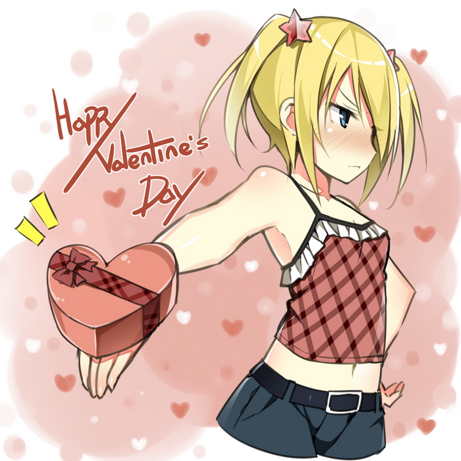 belt blonde_hair blue_eyes blush box camisole cropped_legs gift hand_on_hip happy_valentine heart heart-shaped_box looking_away midriff navel original outstretched_hand short_hair short_twintails sky_(freedom) solo tsundere twintails ueno_kyouko valentine