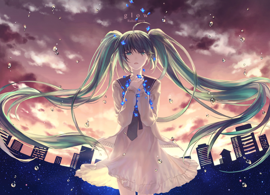 ahoge bad_id bad_pixiv_id cloud copyright_name dress glow_(vocaloid) green_eyes green_hair hatsune_miku long_hair robinexile sky solo twintails very_long_hair vocaloid