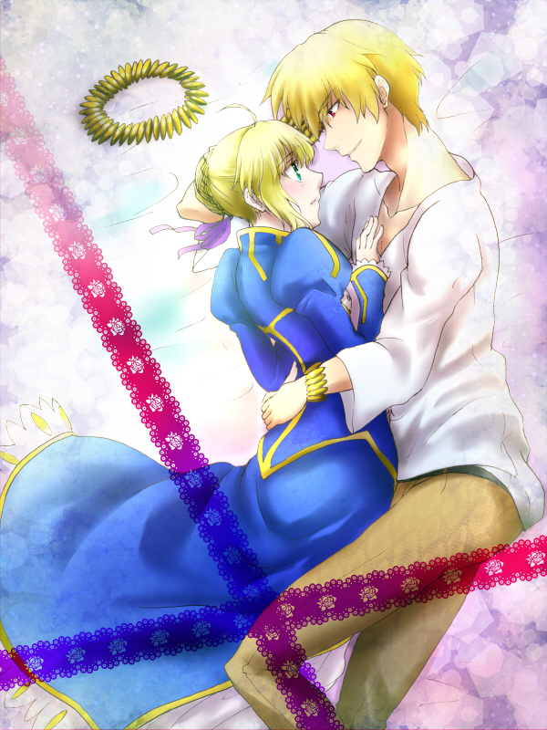 1girl ahoge artoria_pendragon_(all) bad_id bad_pixiv_id bed blonde_hair blue_eyes bracelet couple dress enisi_sakura fate/zero fate_(series) gilgamesh hetero jewelry necklace red_eyes saber