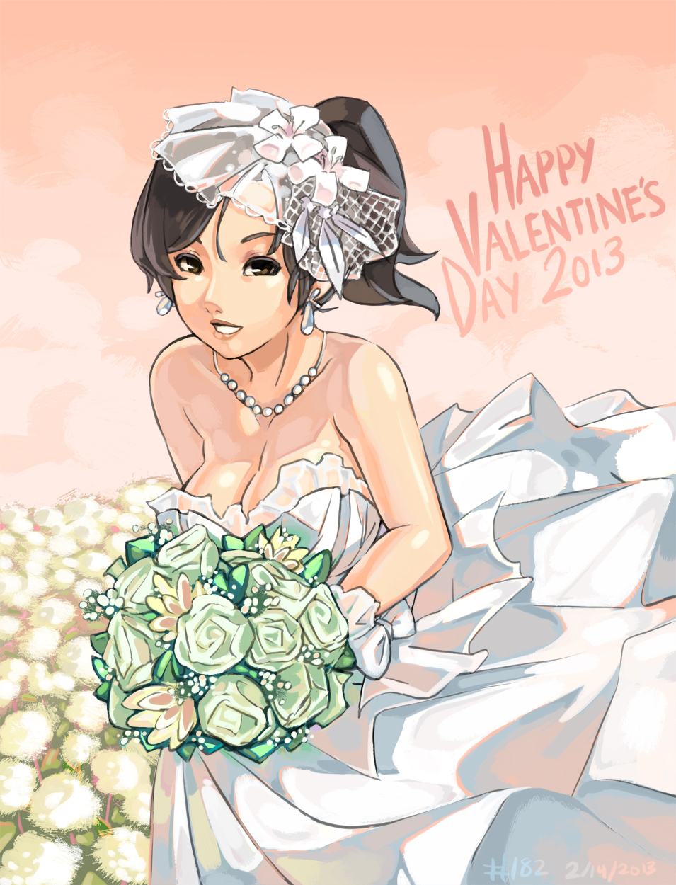 bare_shoulders bouquet breasts brown_eyes brown_hair cleavage dated dress earrings evy_(mabinogi) field flower flower_field gloves hair_flower hair_ornament happy_valentine highres jewelry junkpuyo large_breasts lips lipstick mabinogi mabinogi_heroes makeup necklace pearl_necklace short_ponytail smile solo strapless strapless_dress valentine veil wedding_dress white_dress white_gloves