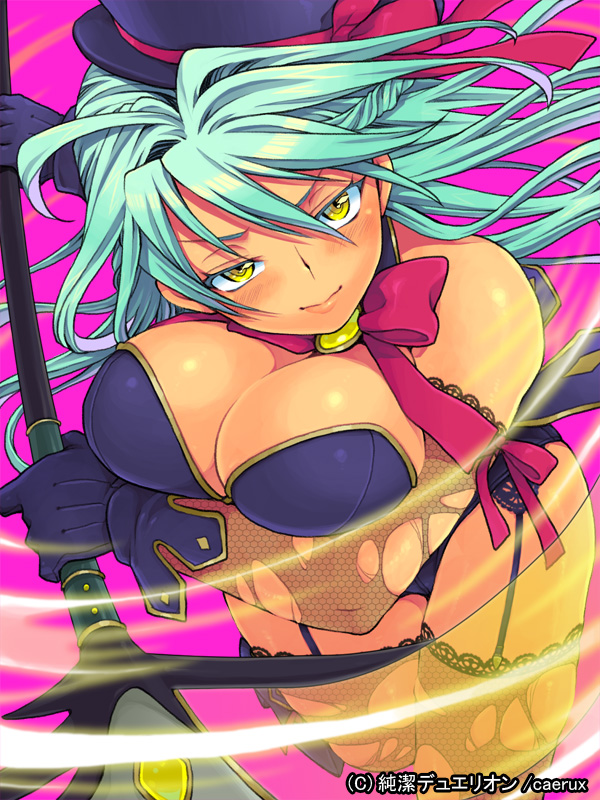 bare_shoulders blue_hair blush breasts cleavage eroe fishnet_legwear fishnets garter_straps gloves hat junketsu_duelion large_breasts long_hair original ribbon smile solo staff thighhighs torn_clothes yellow_eyes